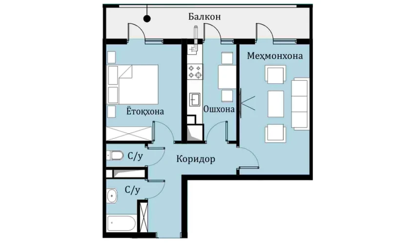 2-xonali xonadon 45.9 m²  9/16 qavat | SOKIN DIYOR Turar-joy majmuasi