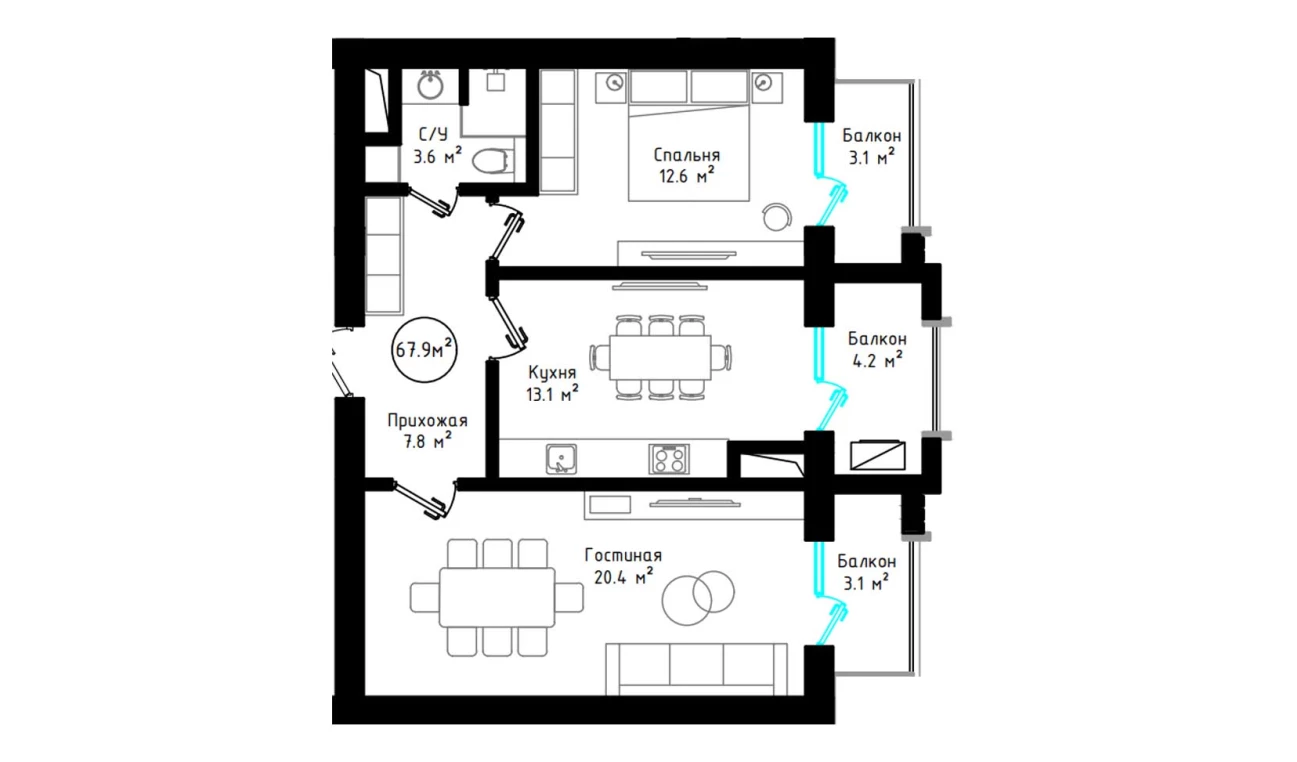 2-xonali xonadon 67.9 m²  4/4 qavat