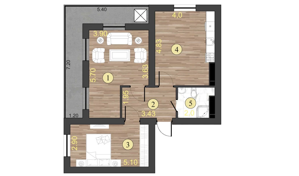 2-комнатная квартира 63.3 м²  2/2 этаж