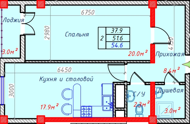 2-комнатная квартира 54.6 м²  7/7 этаж