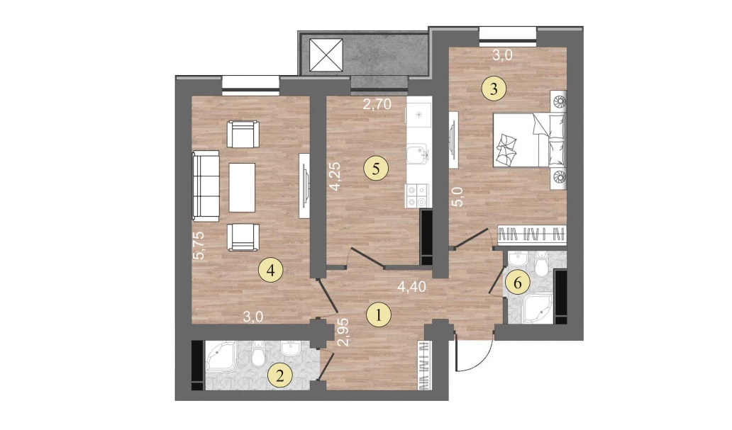 2-xonali xonadon 63 m²  14/14 qavat