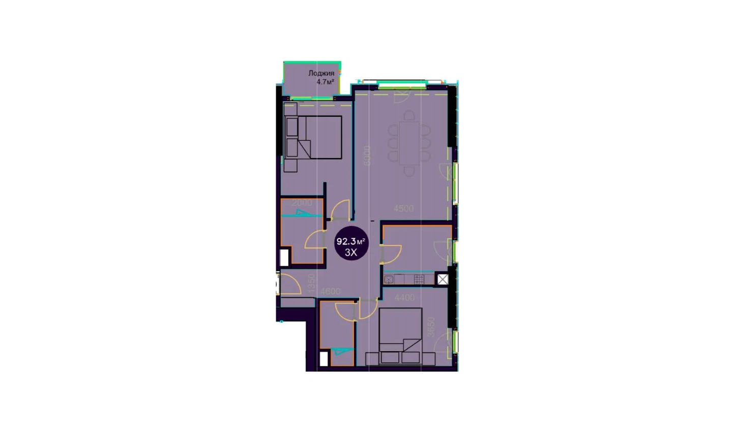 3-комнатная квартира 92.3 м²  12/12 этаж