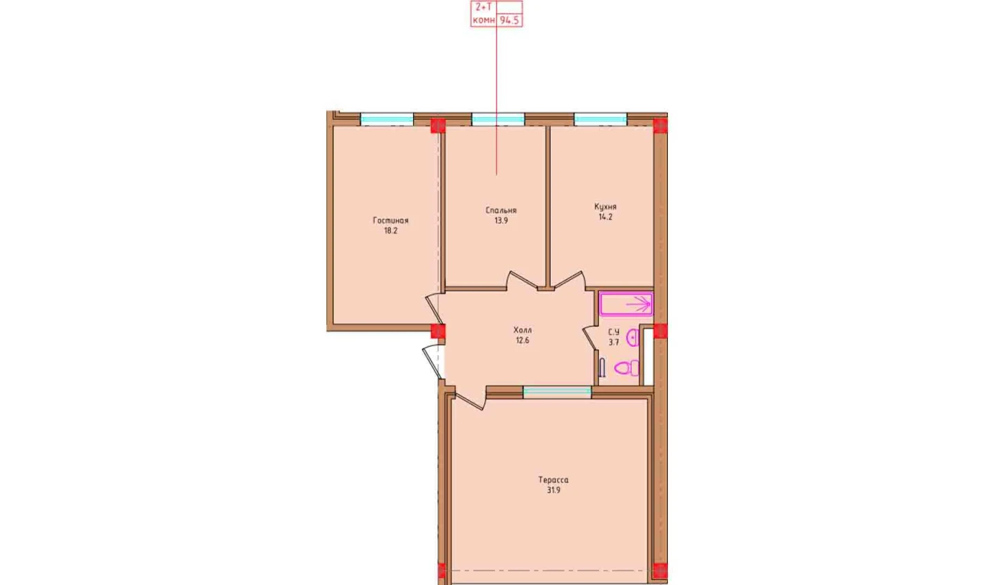 2-комнатная квартира 73.23 м²  8/8 этаж