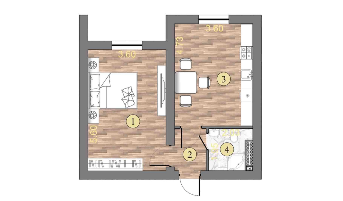 2-комнатная квартира 43.3 м²  1/1 этаж