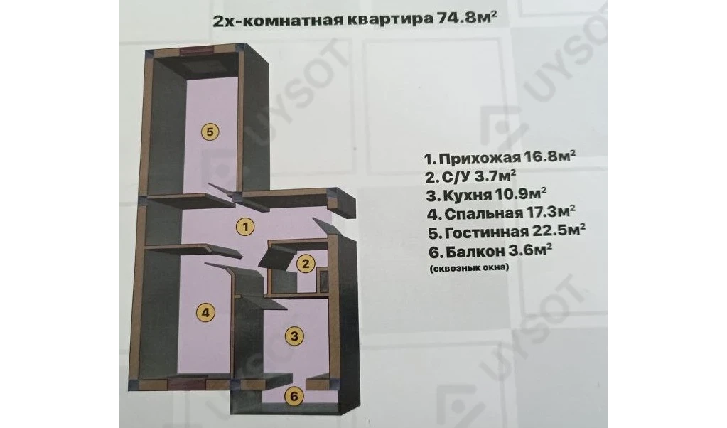 2-комнатная квартира 74.8 м²  2/2 этаж