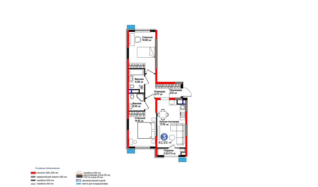 3-комнатная квартира 63.93 м²  5/5 этаж