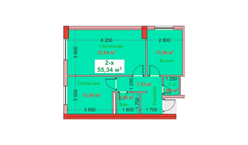 2-комнатная квартира 55.34 м²  2/8 этаж | Жилой комплекс CAPITAL AVENUE