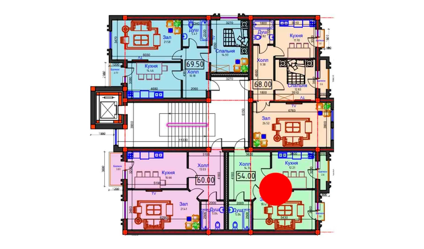 1-комнатная квартира 54 м²  4/4 этаж