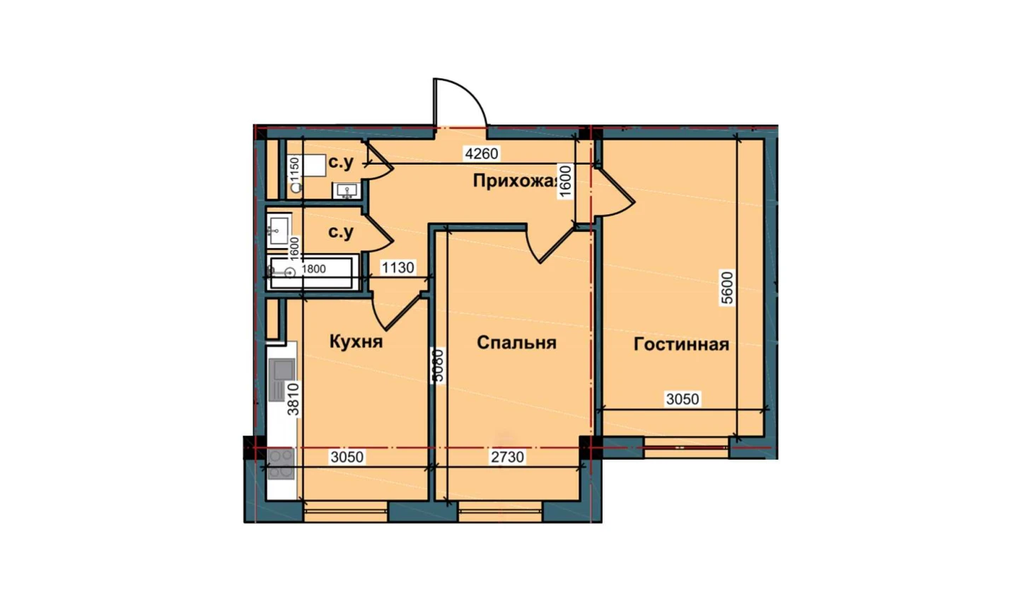 2-комнатная квартира 59.4 м²  1/1 этаж