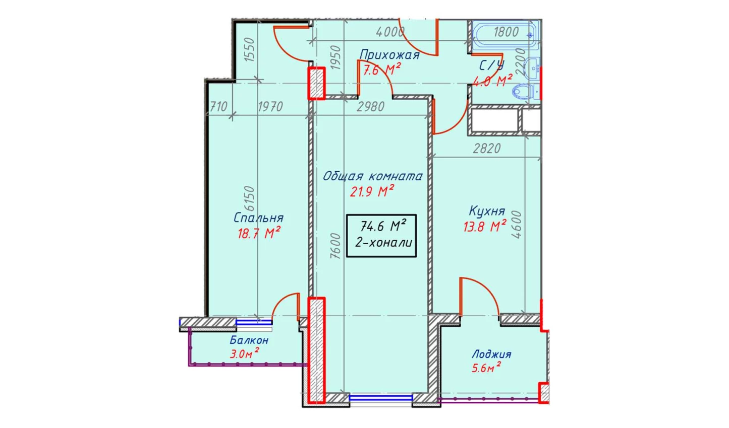 2-xonali xonadon 74.6 m²  15/15 qavat