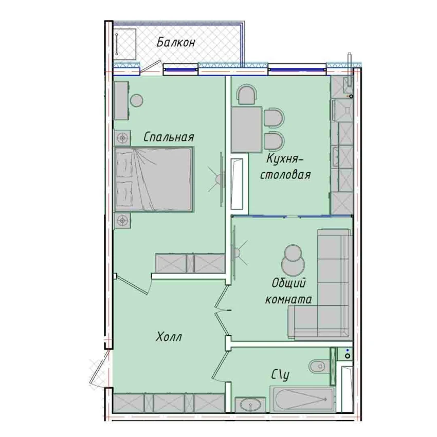 2-комнатная квартира 50.85 м²  9/9 этаж