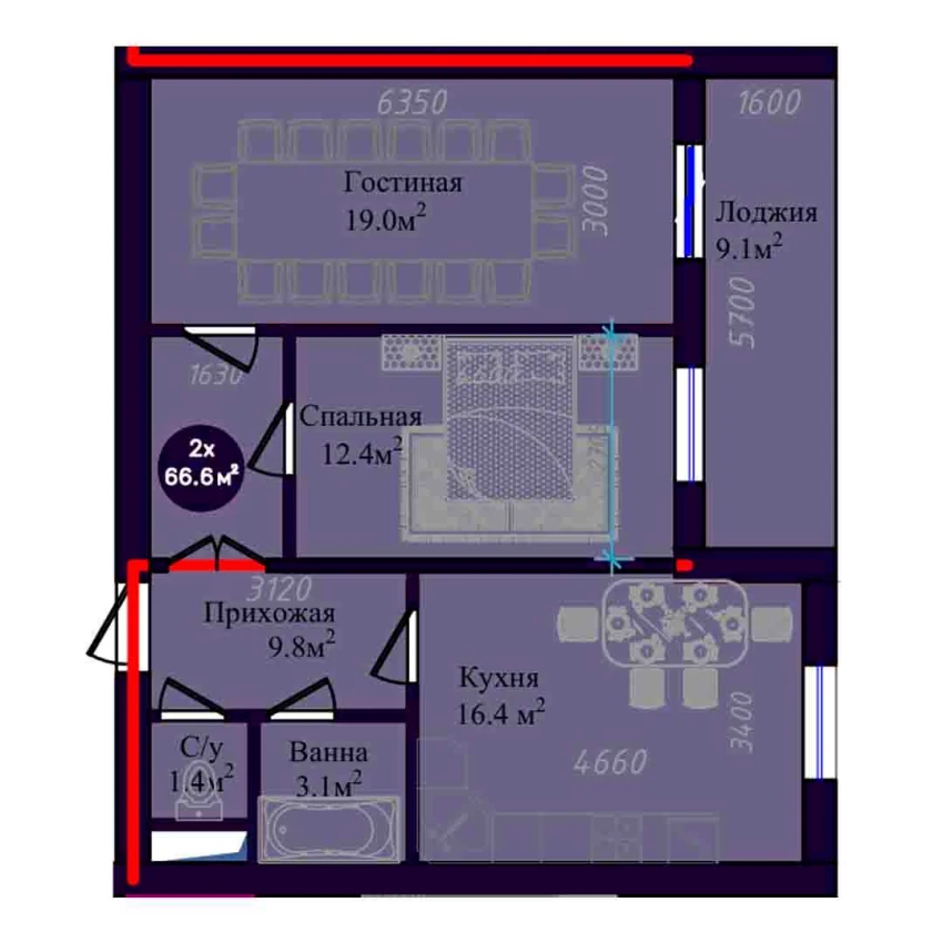 2-комнатная квартира 66.6 м²  2/2 этаж