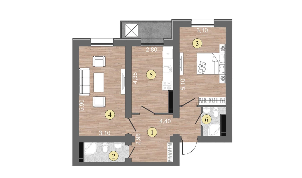 2-xonali xonadon 63 m²  14/14 qavat