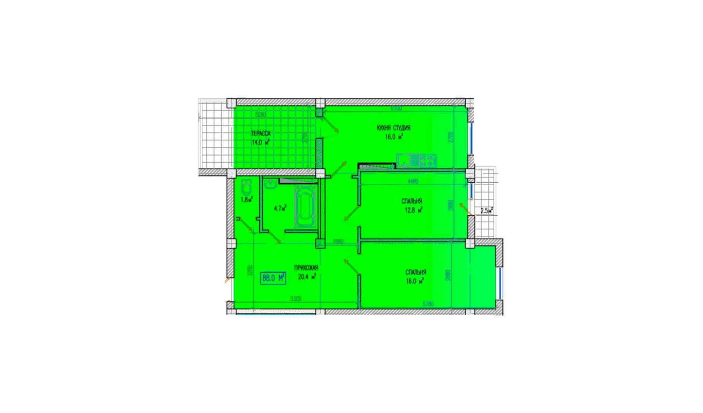 3-xonali xonadon 88 m²  8/8 qavat