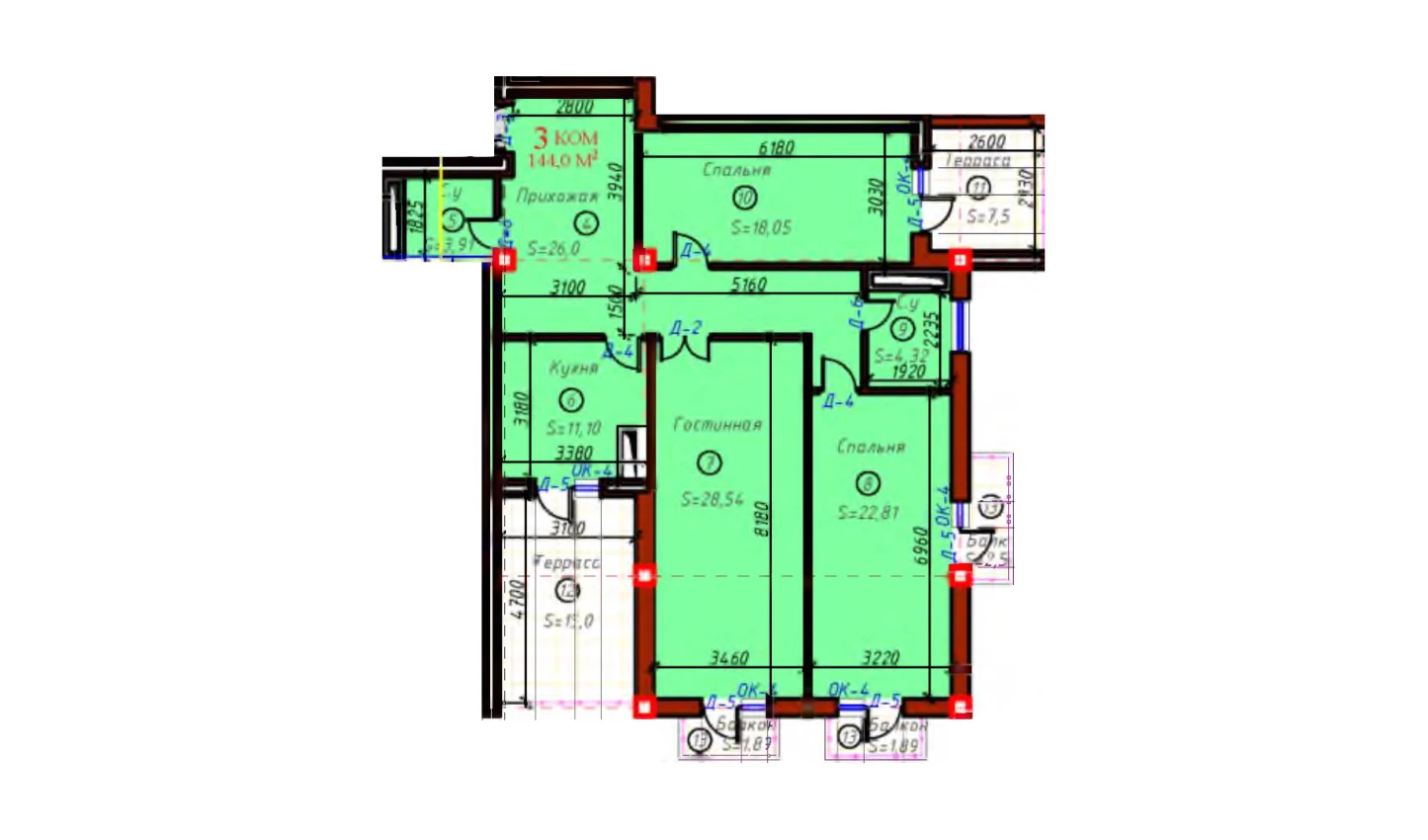 3-комнатная квартира 144 м²  9/9 этаж