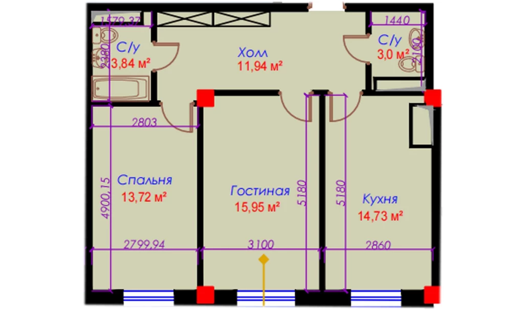 2-xonali xonadon 63.95 m²  10/10 qavat