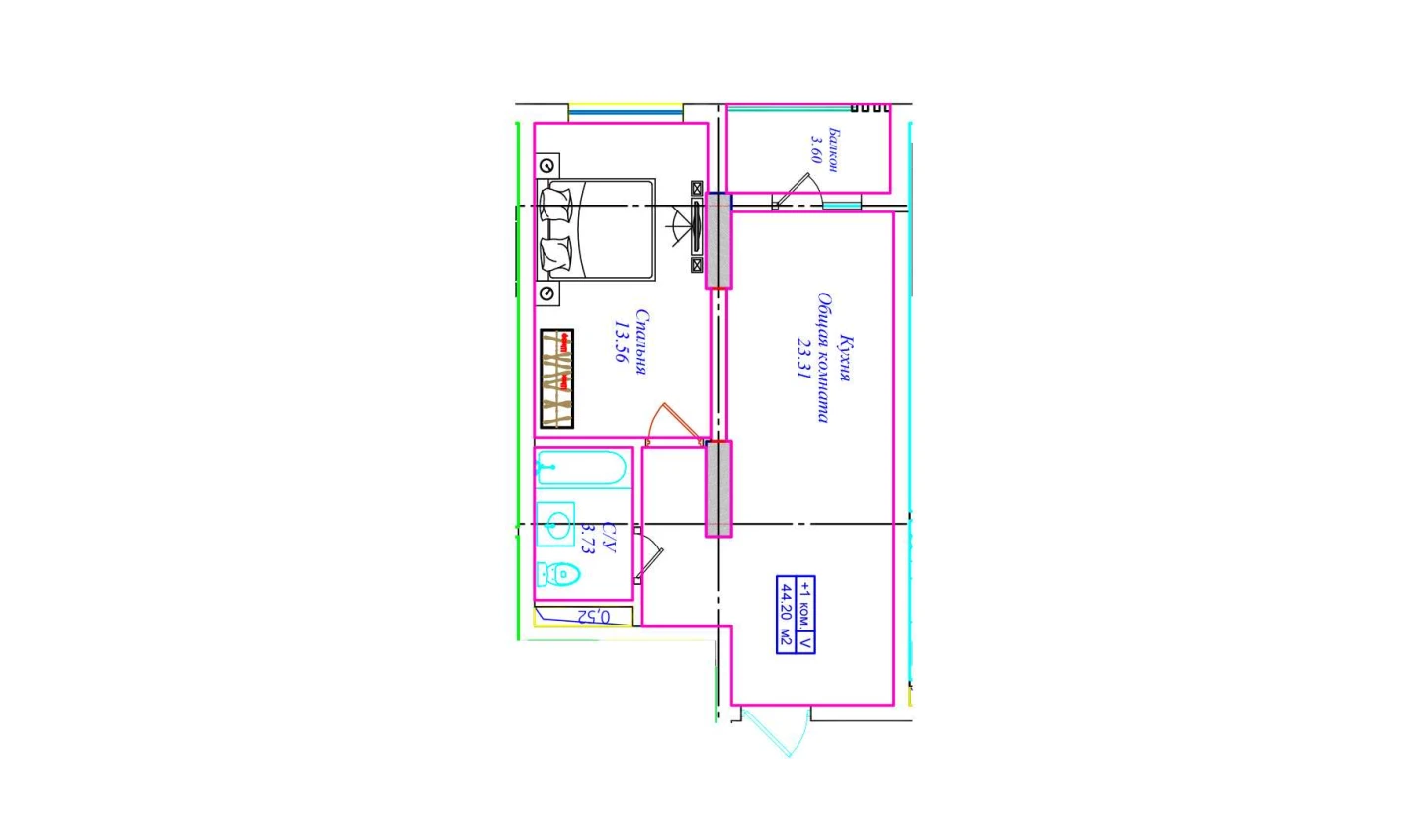 1-комнатная квартира 44.2 м²  5/5 этаж