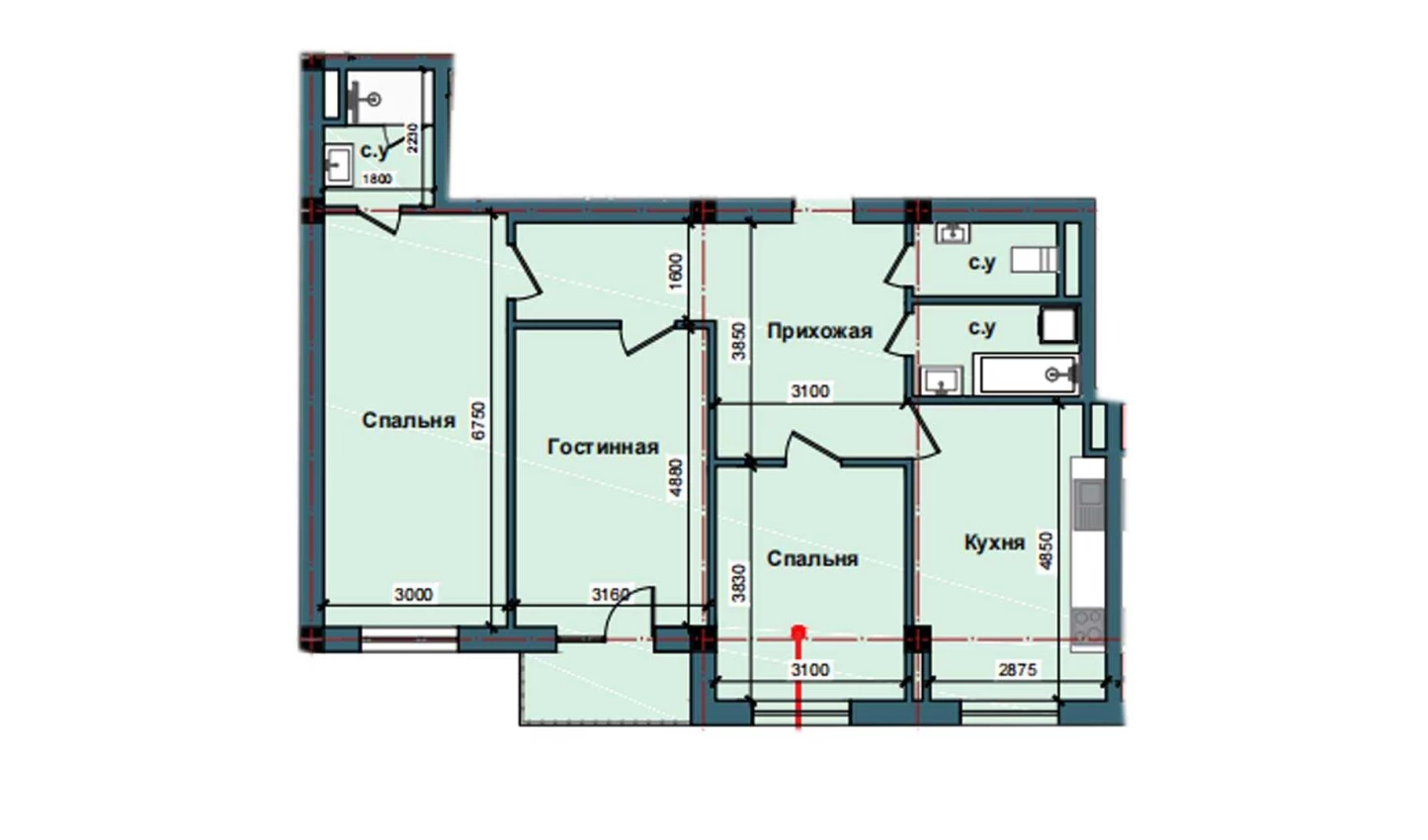 3-комнатная квартира 98.4 м²  7/7 этаж