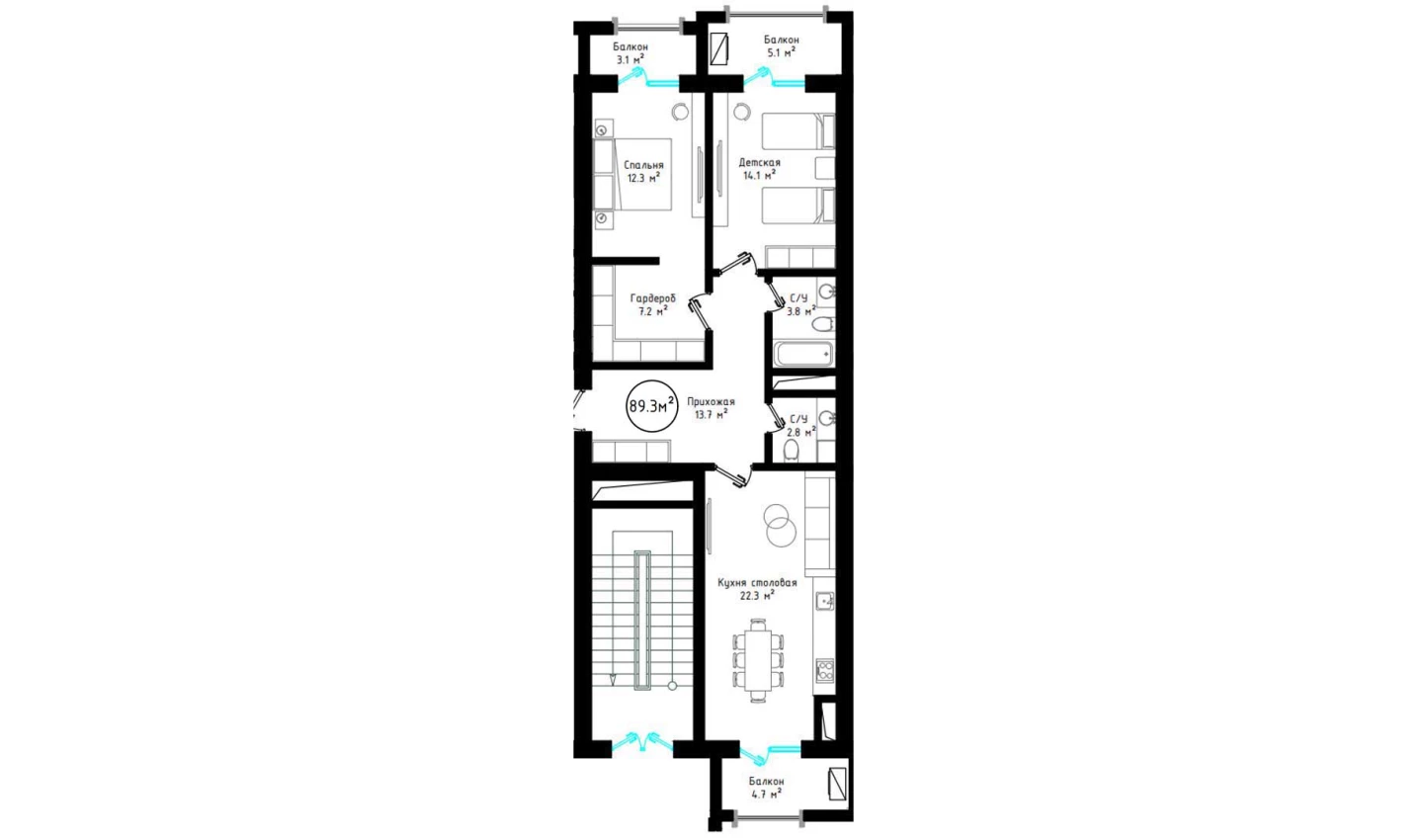 2-комнатная квартира 89.3 м²  6/6 этаж