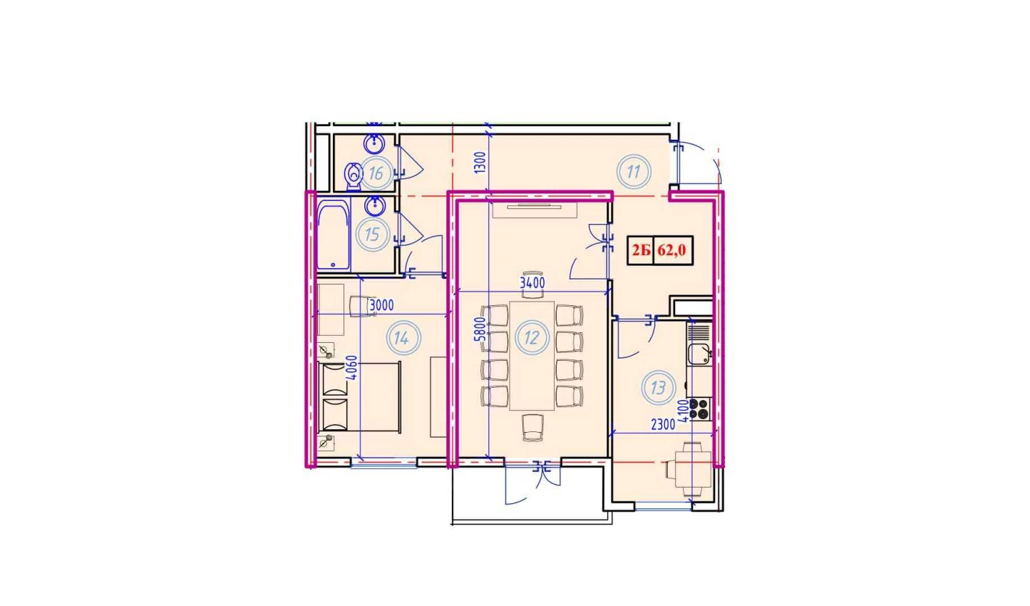 2-комнатная квартира 62 м²  8/8 этаж