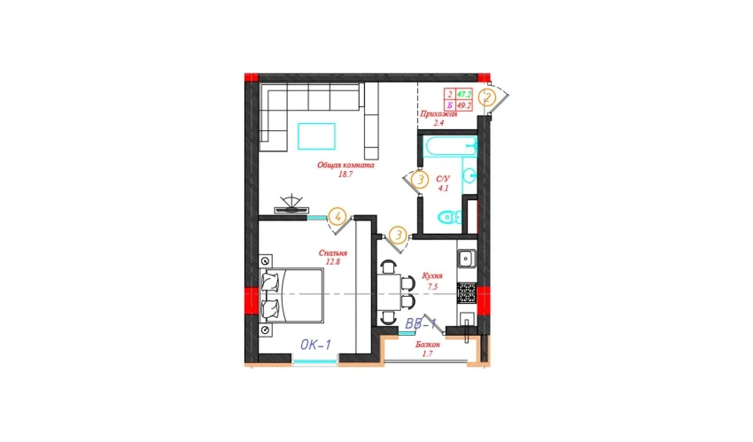 2-комнатная квартира 49.2 м²  3/12 этаж | Жилой комплекс CHINARA PARK