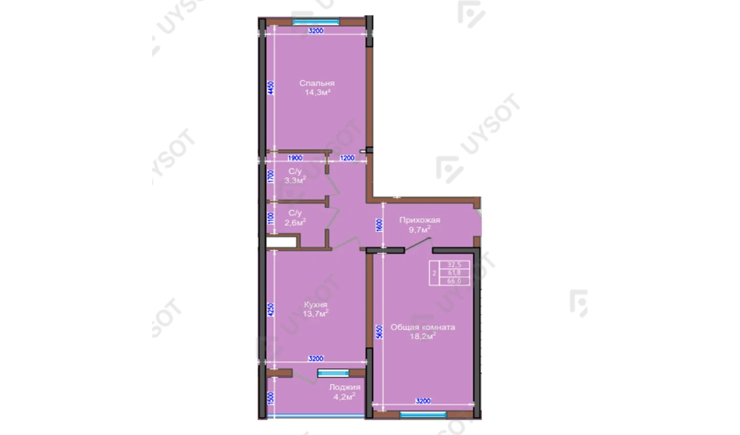 2-комнатная квартира 66 м²  2/2 этаж