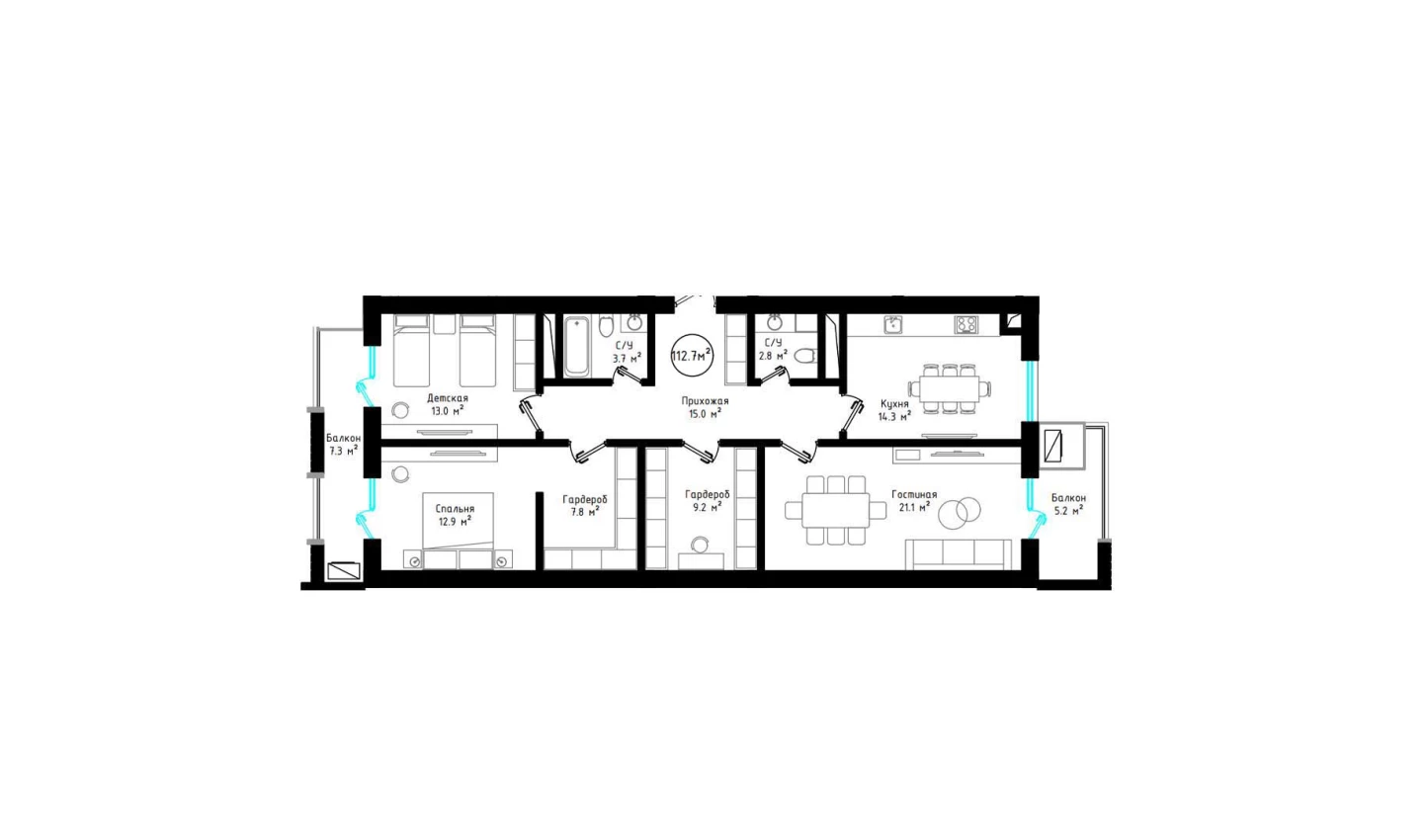 3-xonali xonadon 112.7 m²  6/6 qavat