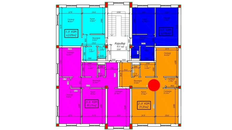 2-xonali xonadon 70.7 m²  3/3 qavat