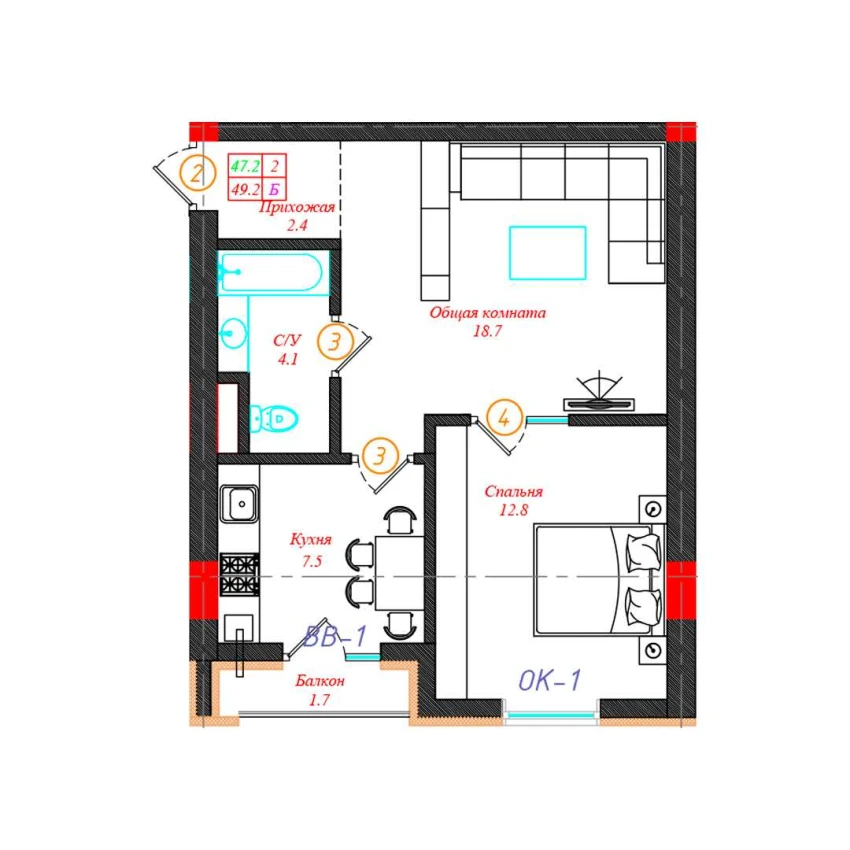 2-xonali xonadon 49.2 m²  5/12 qavat | CHINARA PARK Turar-joy majmuasi