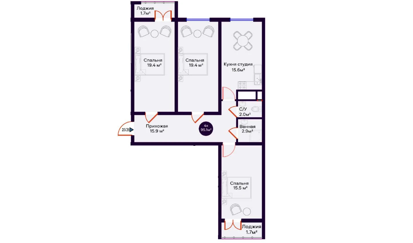 4-комнатная квартира 95.1 м²  10/10 этаж