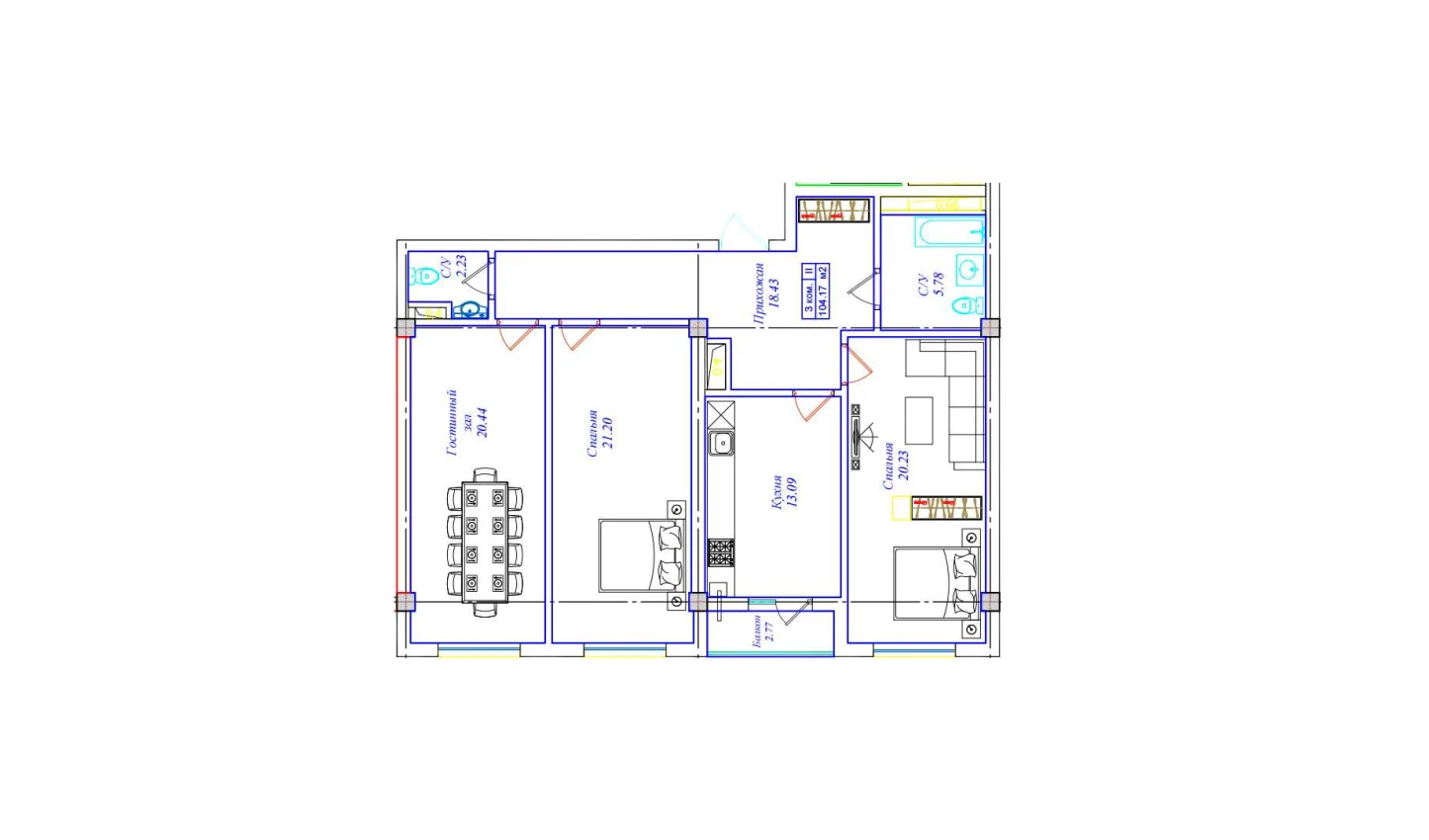 3-xonali xonadon 104.17 m²  7/7 qavat