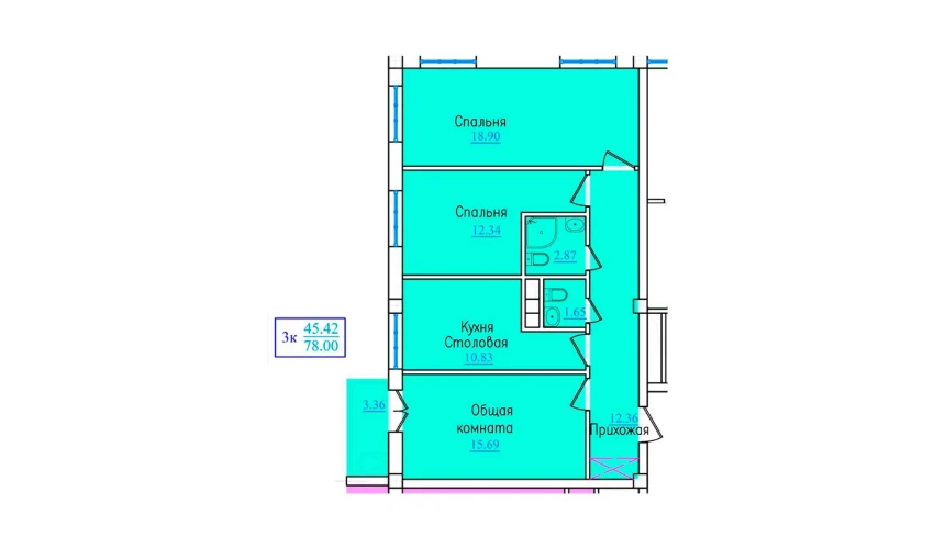 3-комнатная квартира 78 м²  8/9 этаж | Жилой комплекс PROVANS