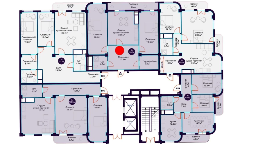 3-xonali xonadon 100.1 m²  11/11 qavat