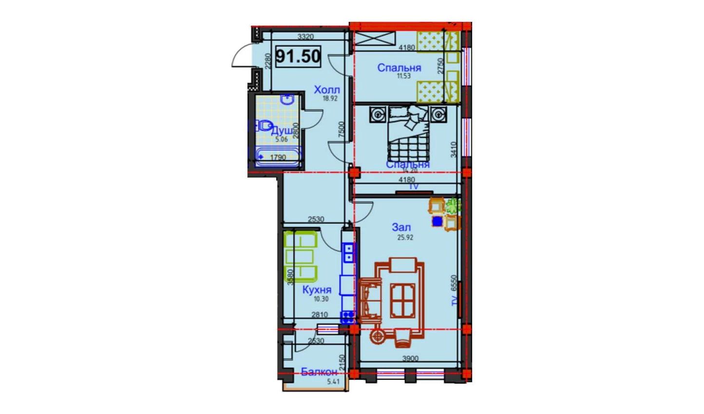 3-комнатная квартира 91.5 м²  11/11 этаж