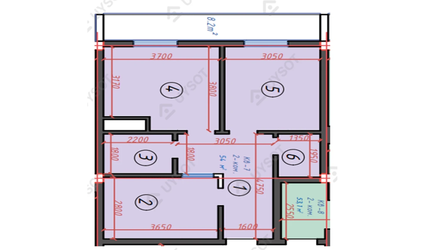 2-комнатная квартира 54 м²  7/7 этаж