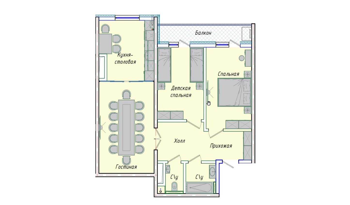 3-комнатная квартира 74.14 м²  16/16 этаж