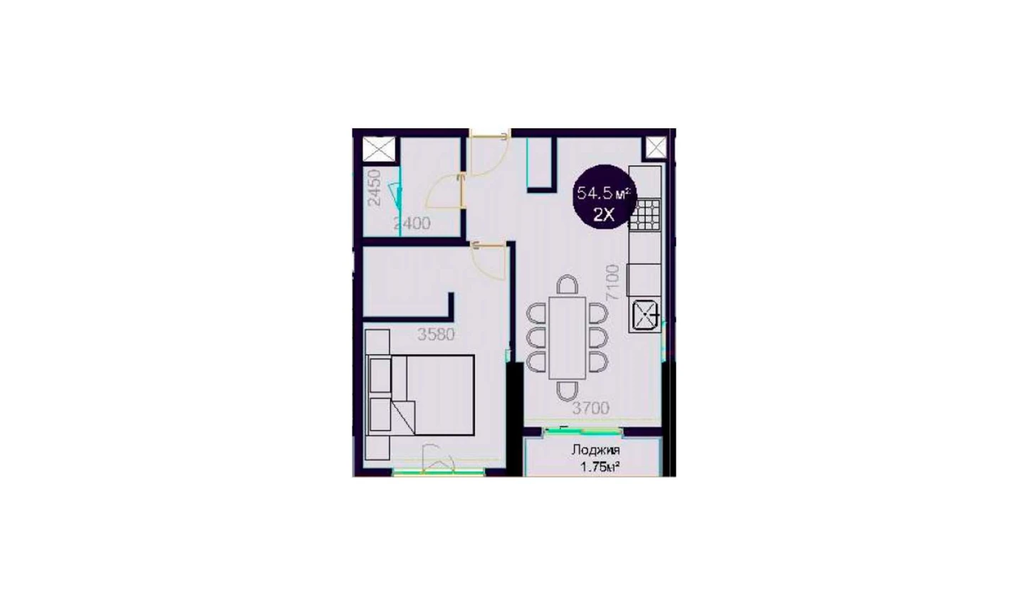 2-комнатная квартира 54.5 м²  3/3 этаж