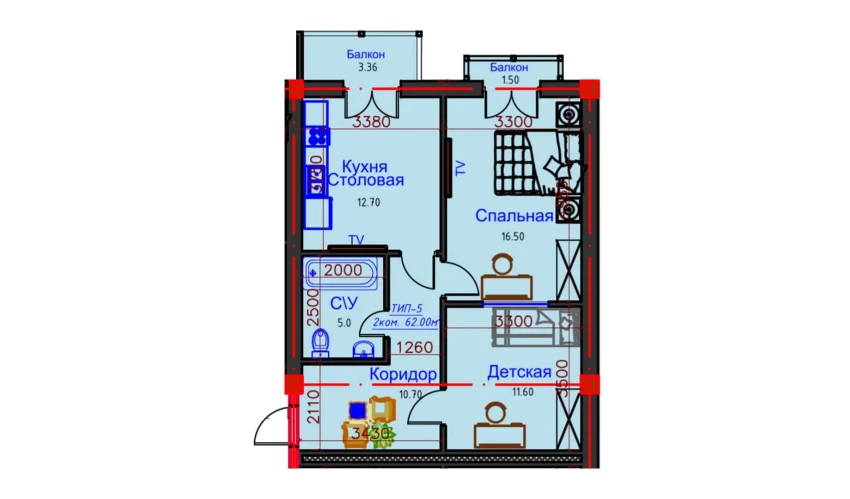 2-комнатная квартира 62 м²  10/10 этаж