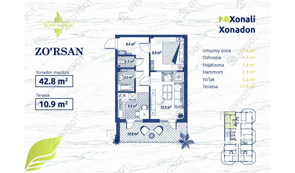 2-xonali xonadon 42.8 m²  15/15 qavat