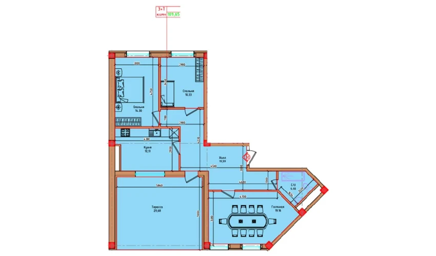 3-xonali xonadon 109.65 m²  8/8 qavat | "Markaz" Turar-joy majmuasi