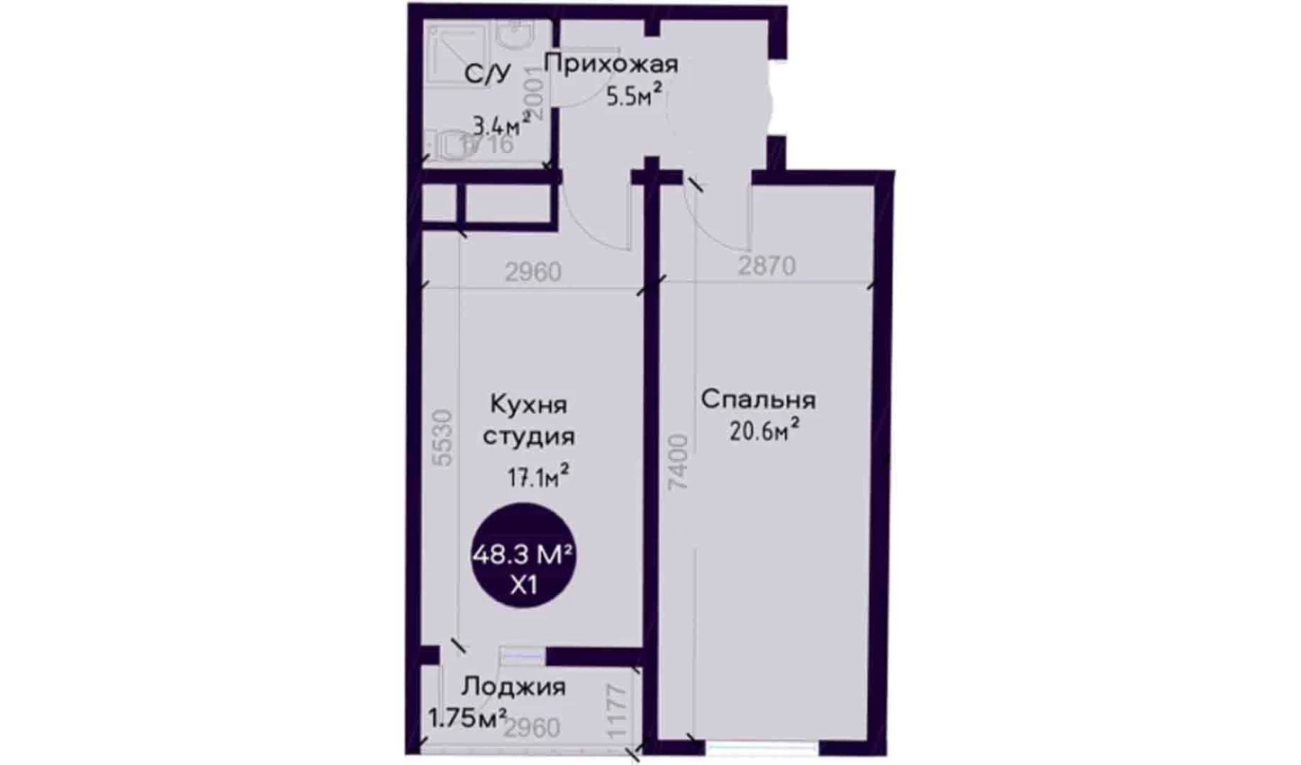 1-комнатная квартира 48.3 м²  4/4 этаж