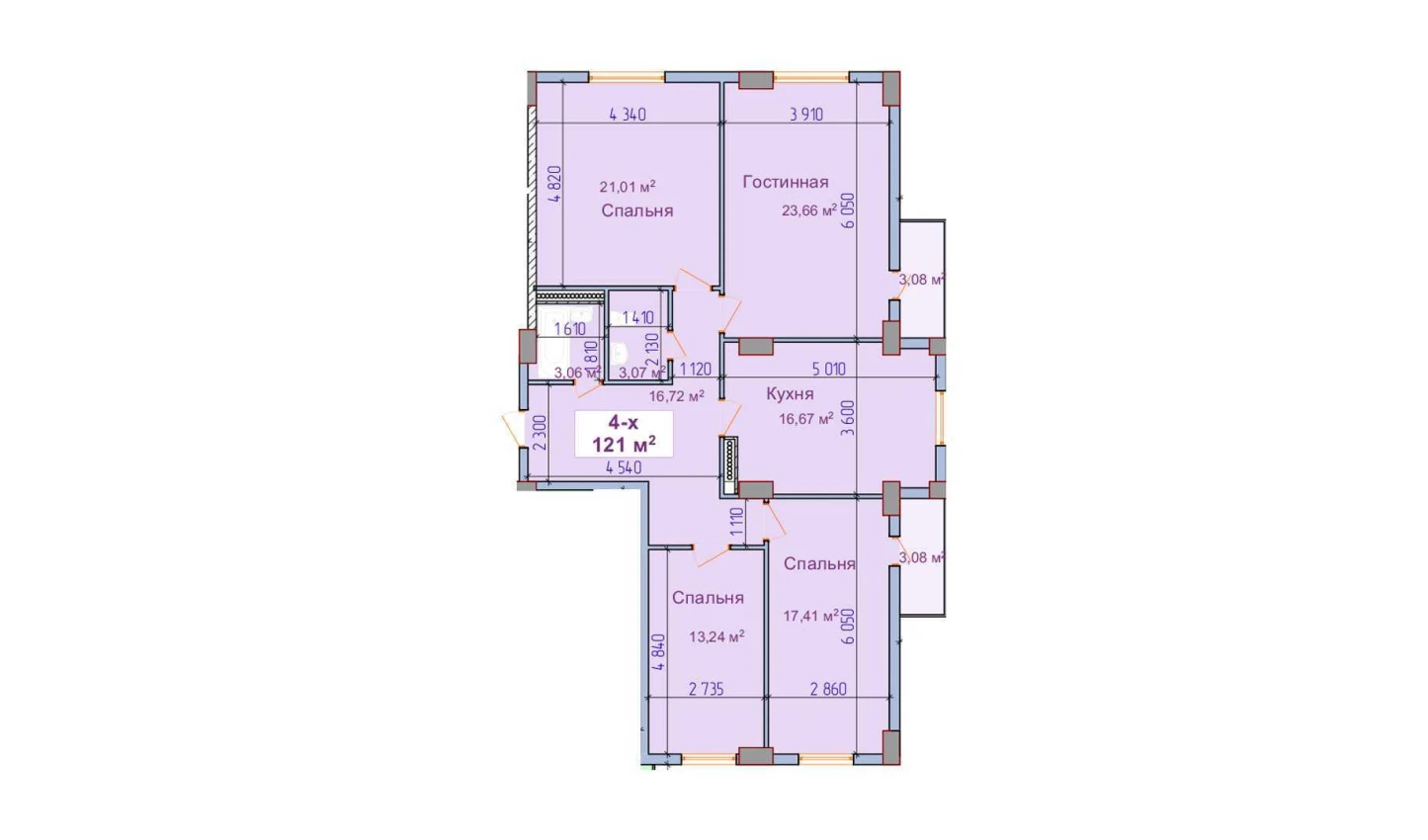 4-комнатная квартира 121 м²  9/9 этаж