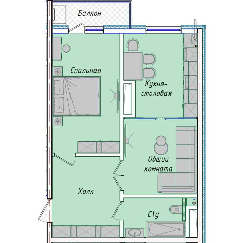 2-xonali xonadon 50.7 m²  16/16 qavat