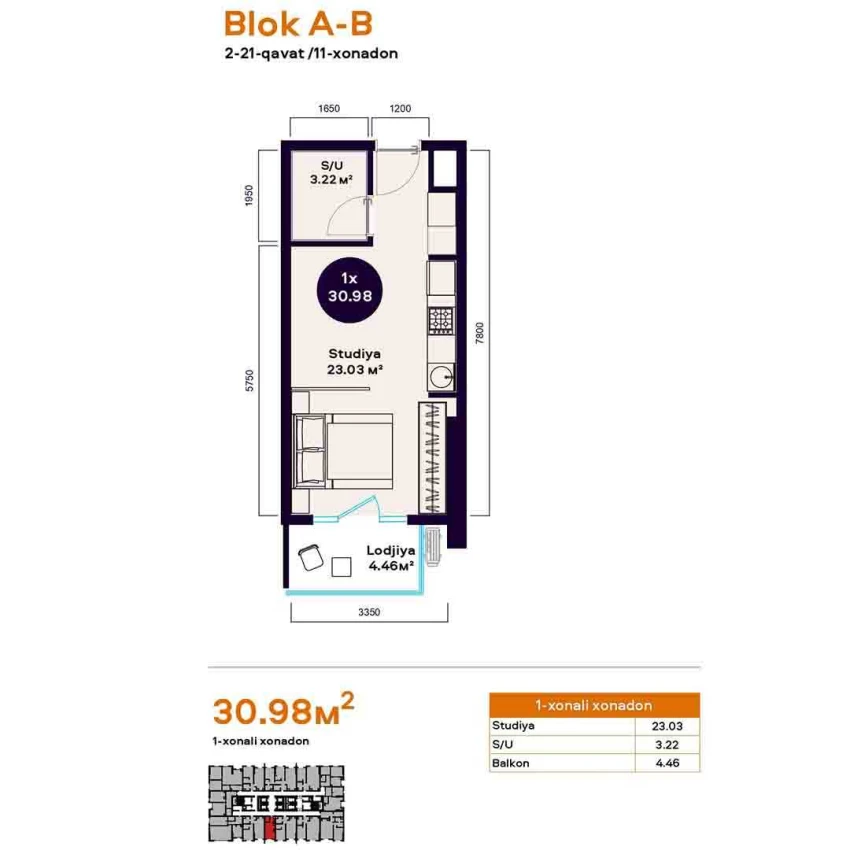 1-комнатная квартира 30.98 м²  8/8 этаж