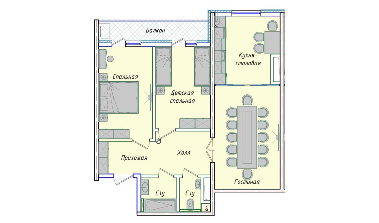 3-комнатная квартира 74.14 м²  16/16 этаж