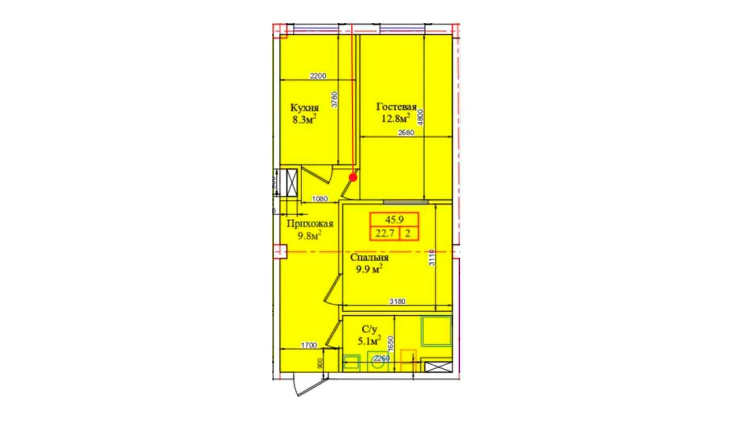 2-комнатная квартира 45.9 м²  1/1 этаж