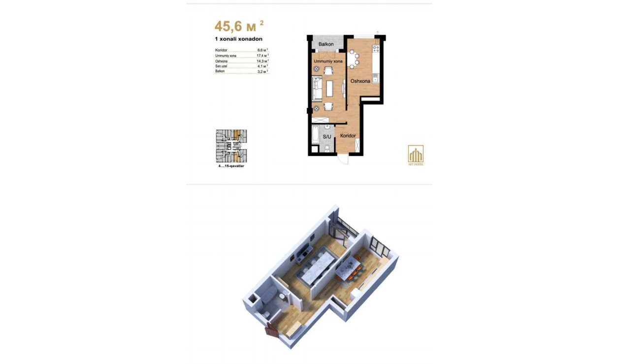 1-xonali xonadon 45.6 m²  3/16 qavat | Musaffo Turar-joy majmuasi