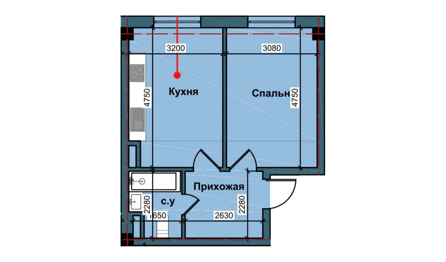 1-xonali xonadon 44.6 m²  2/2 qavat