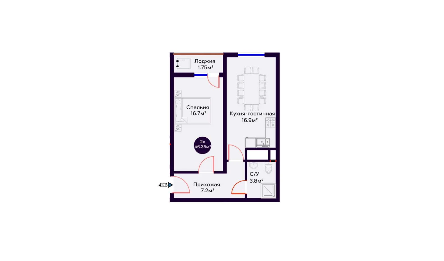 2-комнатная квартира 46.35 м²  3/3 этаж