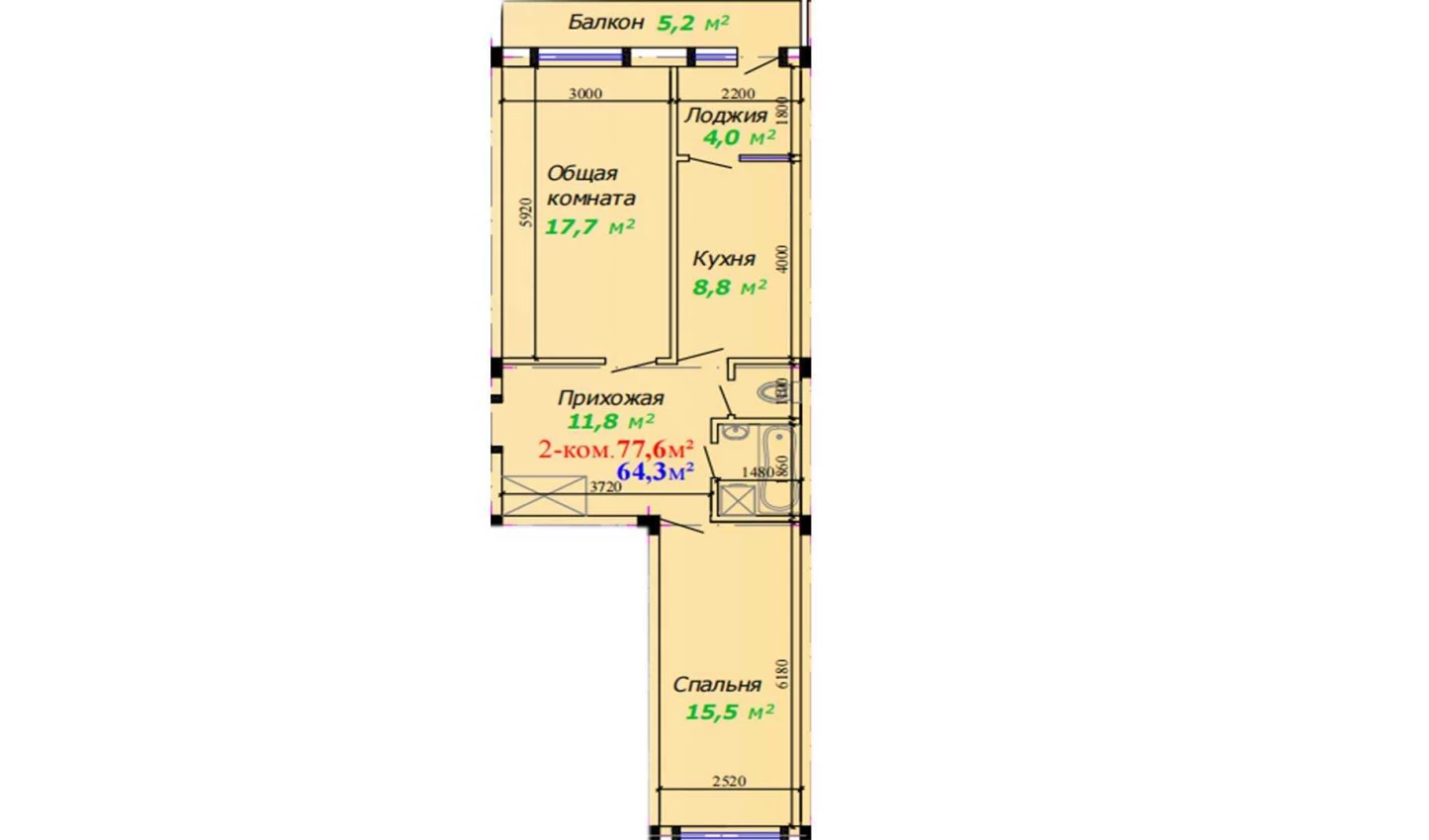 2-xonali xonadon 77.6 m²  2/2 qavat